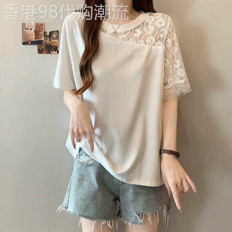 韩版斜肩蕾丝拼接独特别致短袖t恤女生夏季大尺码宽松显瘦时尚上