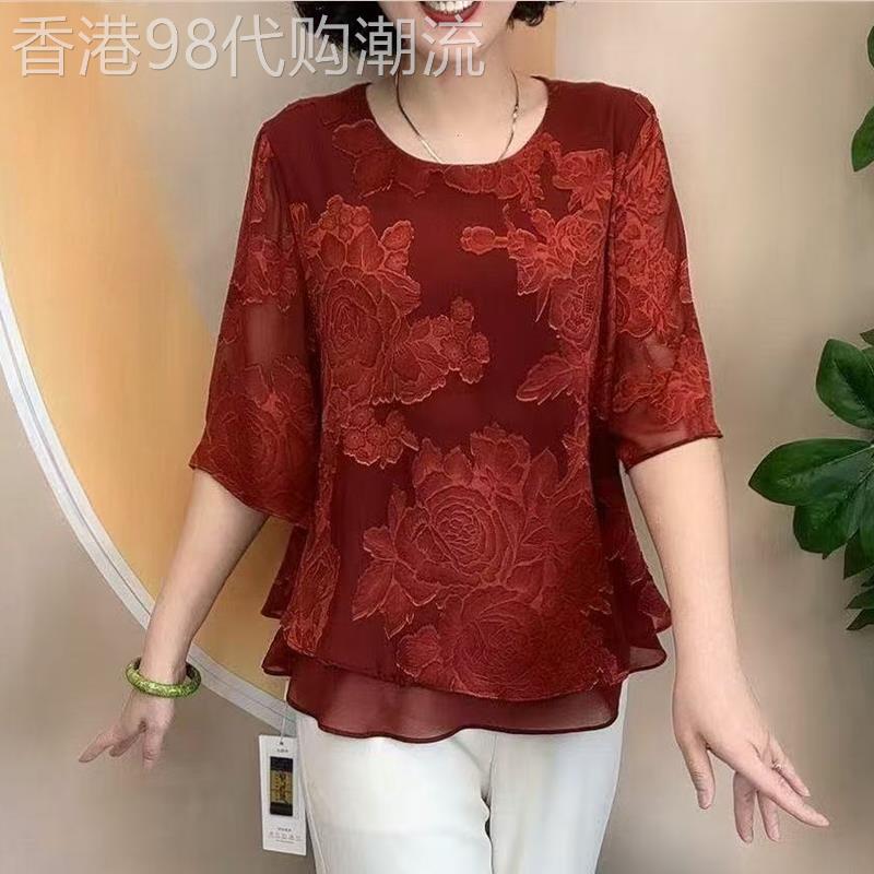 气质优雅妈妈装印花雪纺五分袖T恤2026夏季新款宽松双层圆领上衣