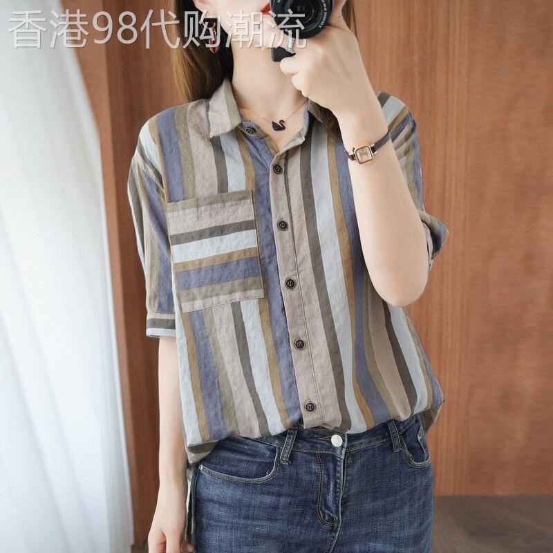 凉感条纹短袖衬衫女夏季洋派设计感小众衬衫大尺码宽松薄款气质上
