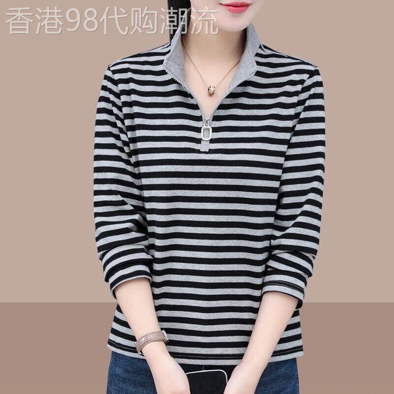 中年妈妈撞色条纹纯棉长袖t恤女2026春秋新款时尚立领半拉炼上衣