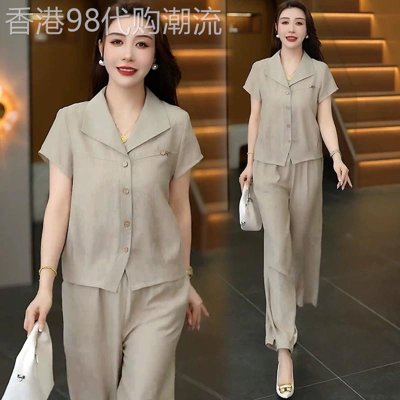 香港代购时尚休闲套装女夏季新款显瘦翻领短袖衬衫阔腿裤子两件套