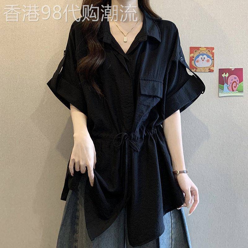 大尺码抽绳收腰遮肚子短袖衬衫女夏季胖妹妹宽松显瘦百搭POLO领上