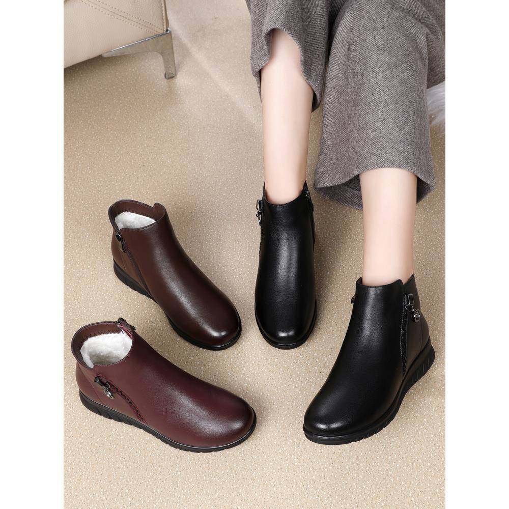 妈妈棉鞋女冬季加绒加厚保暖平底中老年人女士冬天皮鞋子真皮短靴