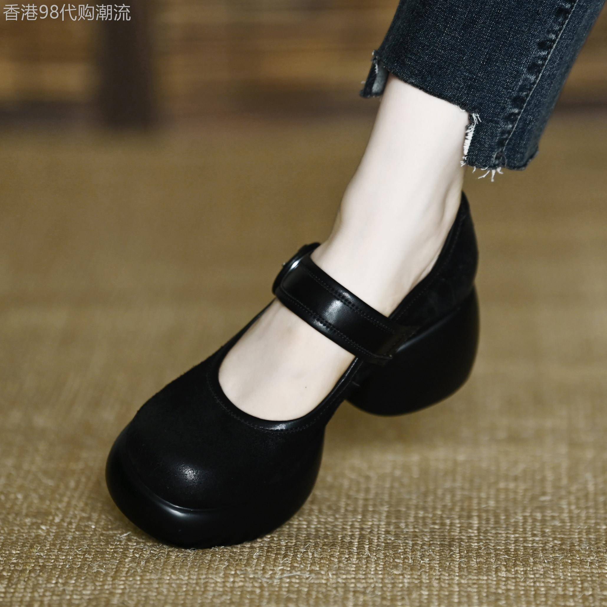 通勤小个子厚底玛丽珍鞋女真皮浅口圆头一字扣带松糕防水台高跟鞋