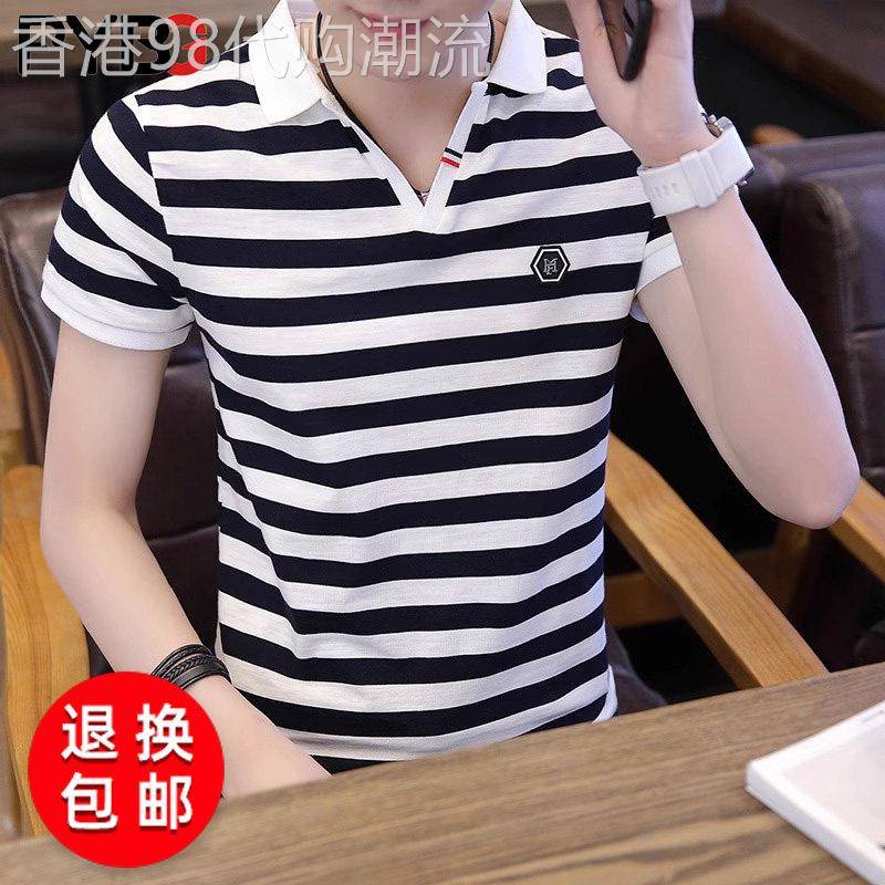 翻领男士短袖T恤2026夏季新款polo衫潮流条纹T恤休闲上衣服男款