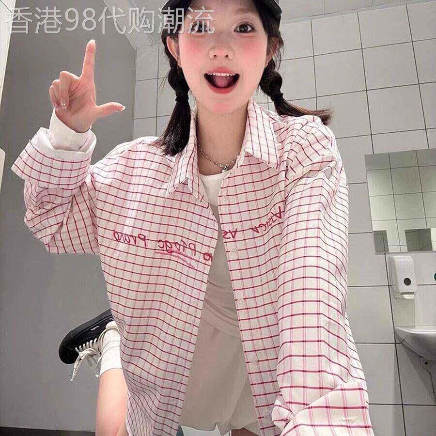 国潮牌粉色格子POLO领防晒衬衫女春秋开衫设计感修身显瘦百搭衬衣