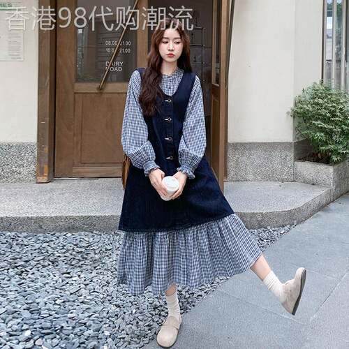 日系减龄复古文艺风格纹连衣裙套装女2025秋季新款牛仔罩衫两件套