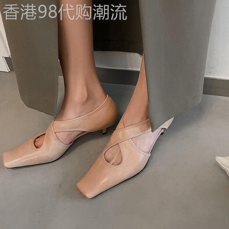 优雅韵律~小众设计感镂空交叉欧美凉鞋方头猫跟单鞋女软皮高跟鞋