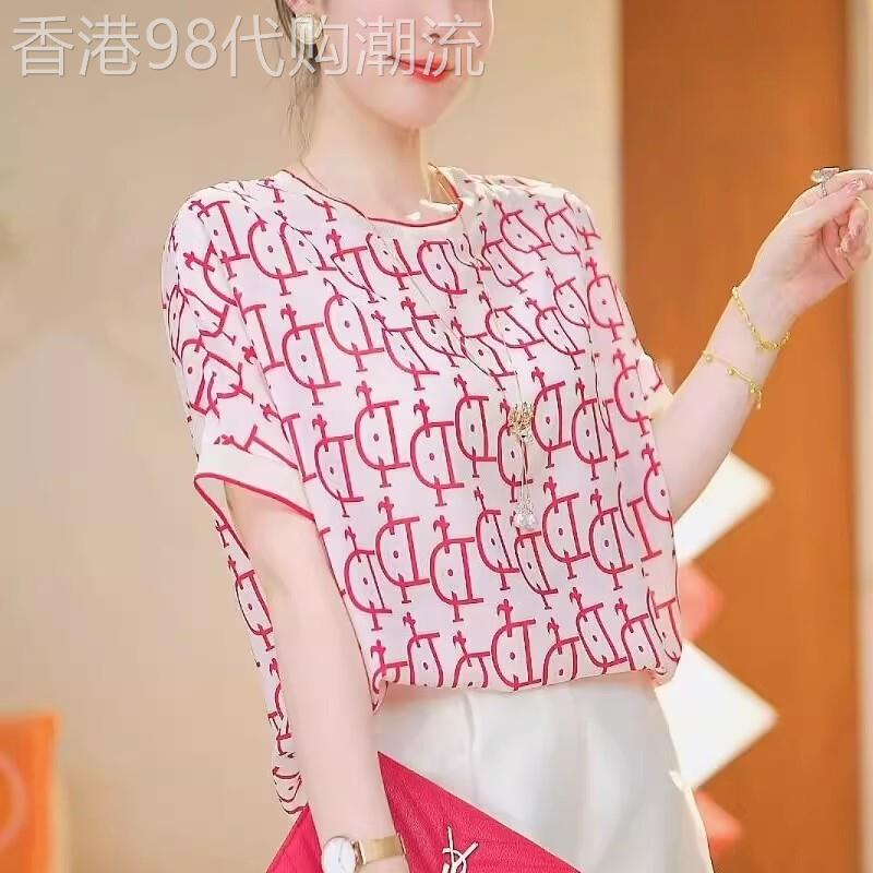 洋派减龄印花圆领短袖雪纺衫女2026夏季新款宽松显瘦遮肚子T恤