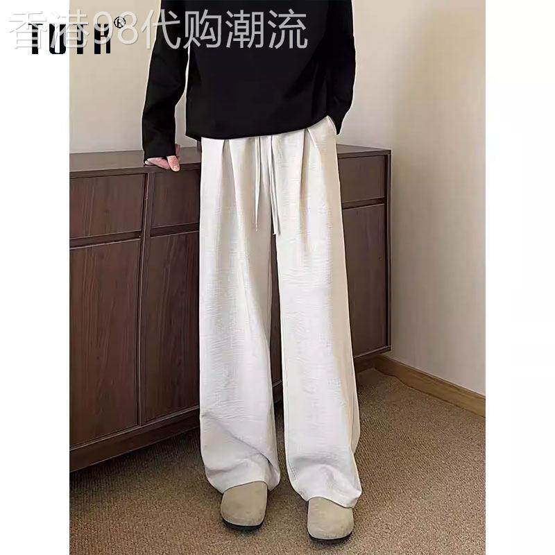 老钱风彷麻休闲裤男士夏季薄款慵懒风直筒裤子潮牌宽松垂感阔腿裤