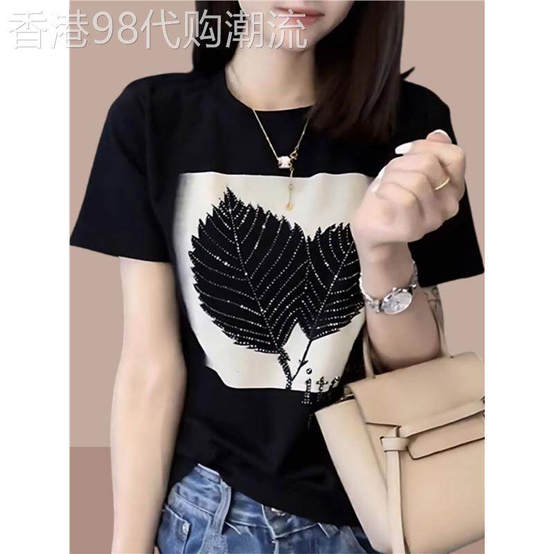 韩国时尚洋气烫钻短袖T恤女士夏季新款气质减龄半袖小衫黑色上衣