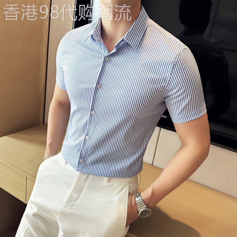 潮牌高端蓝白条纹衬衫男士短袖夏季新款夏天薄款商务冰丝衬衫男款