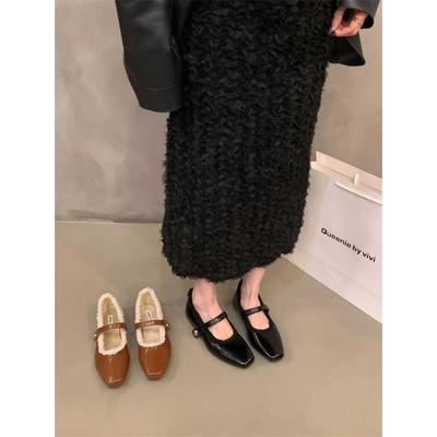 香港平底秋季加绒毛毛棉鞋单鞋女鞋子2025新款方头玛丽珍晚晚鞋