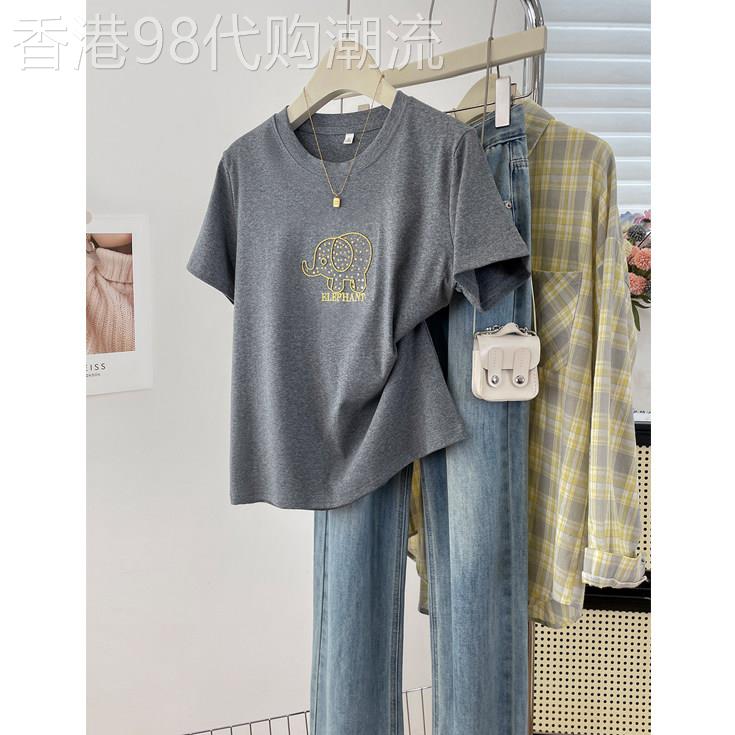 夏季新款T恤女微宽松圆领卡通大象刺绣亮片正肩显瘦百搭洋派短袖