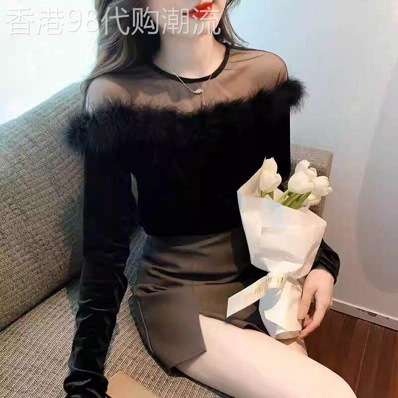 黑色打底衫女春秋季内搭时尚洋气小衫网纱拼接金丝绒圆领长袖上衣