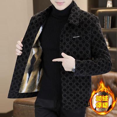 欧货休闲毛呢夹克男士冬季潮流痞帅加绒夹克加厚保暖翻领格子外套