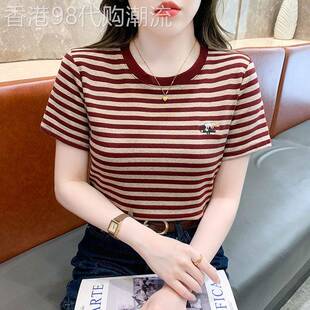 条纹刺绣短袖t恤女2026新款夏季宽松圆领洋派雪纺衫正肩上衣T恤