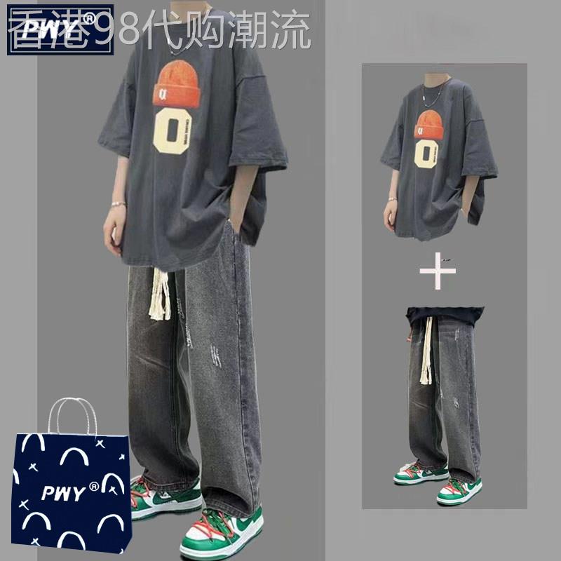潮牌短袖休闲套装男士夏季宽松潮流t恤一套搭配直筒牛仔裤两件套
