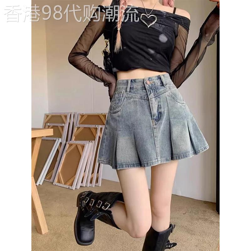 复古蓝牛仔风百褶裙女夏季欧货美式高腰显瘦A字短裙小个子半身裙