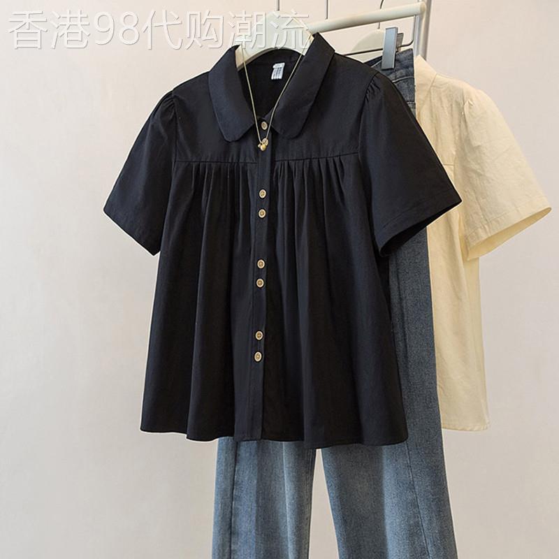 休闲翻领短袖衬衫女夏季新款大尺码宽松显瘦小衫女士法式娃娃衫上