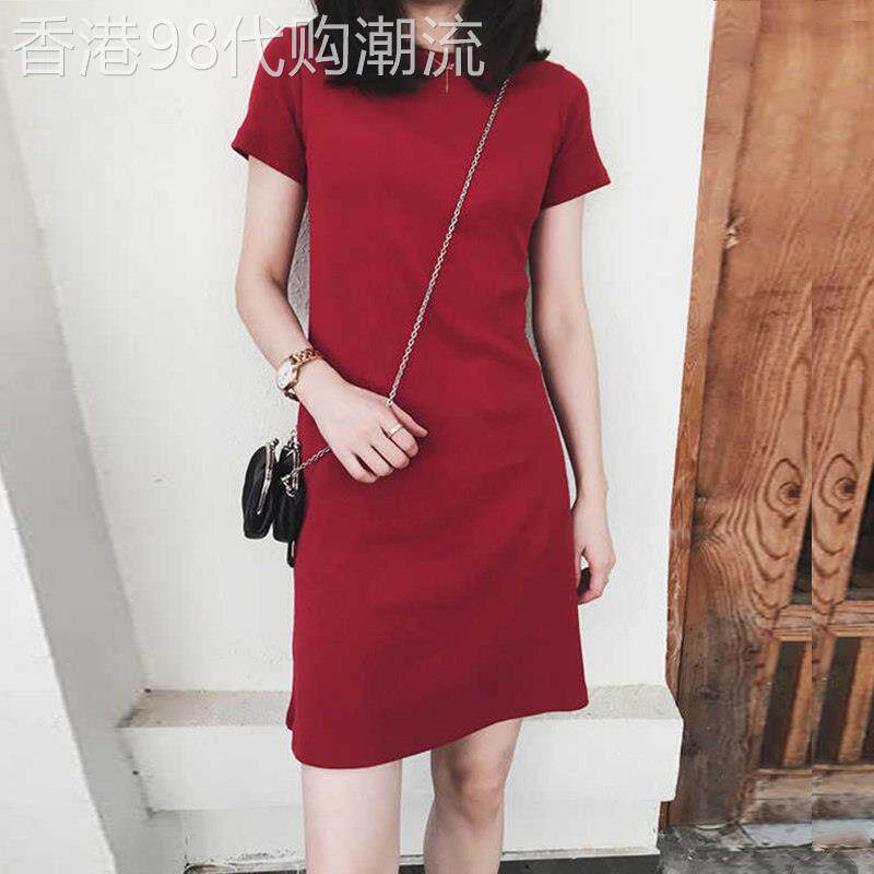 红色短袖t恤裙女2026夏季新款中长款简约纯棉修身气质圆领连衣裙