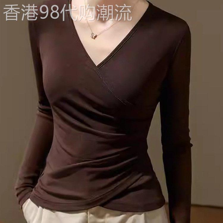 韩国妈妈V领网纱打底衫女春季薄款2026新款韩版修身褶皱收腰上衣