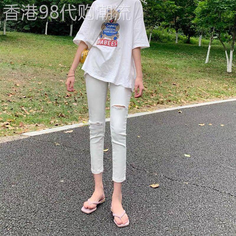 潮牌八分破洞白色牛仔裤女2026年新款夏季薄款小个子九分小脚裤子