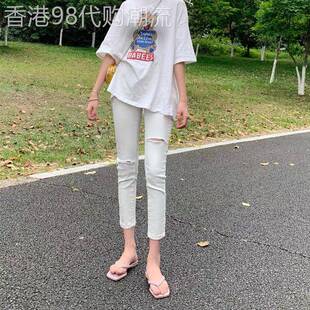 潮牌八分破洞白色牛仔裤女2026年新款夏季薄款小个子九分小脚裤子