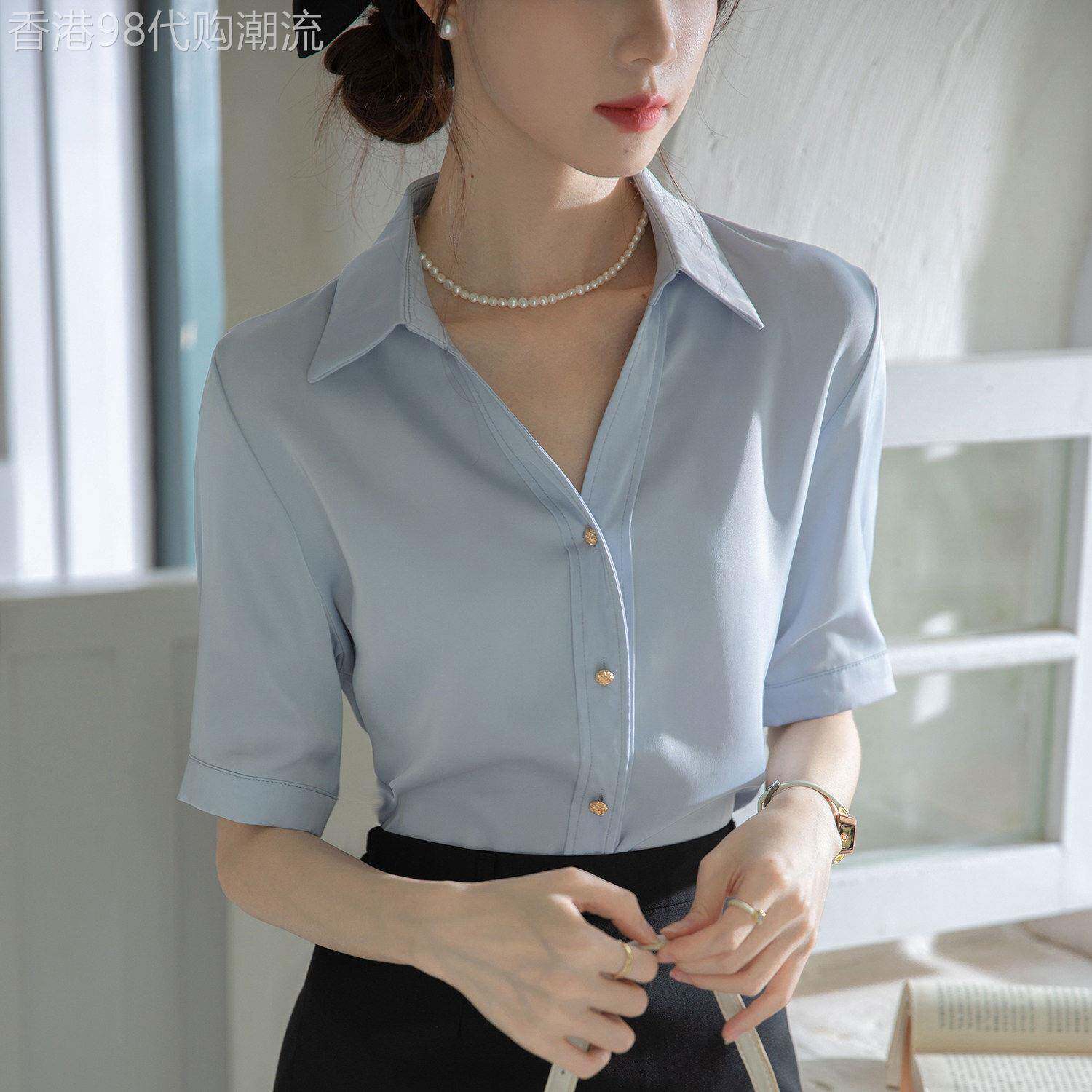 衬衫女短袖夏季薄款V领蓝色中袖上班服面试正装女套装衬衫工作服