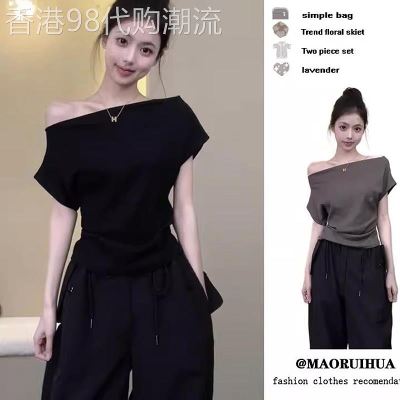 纯欲一字肩黑色短袖t恤女夏季新款欧货高级感性感露肩甜辣小上衣