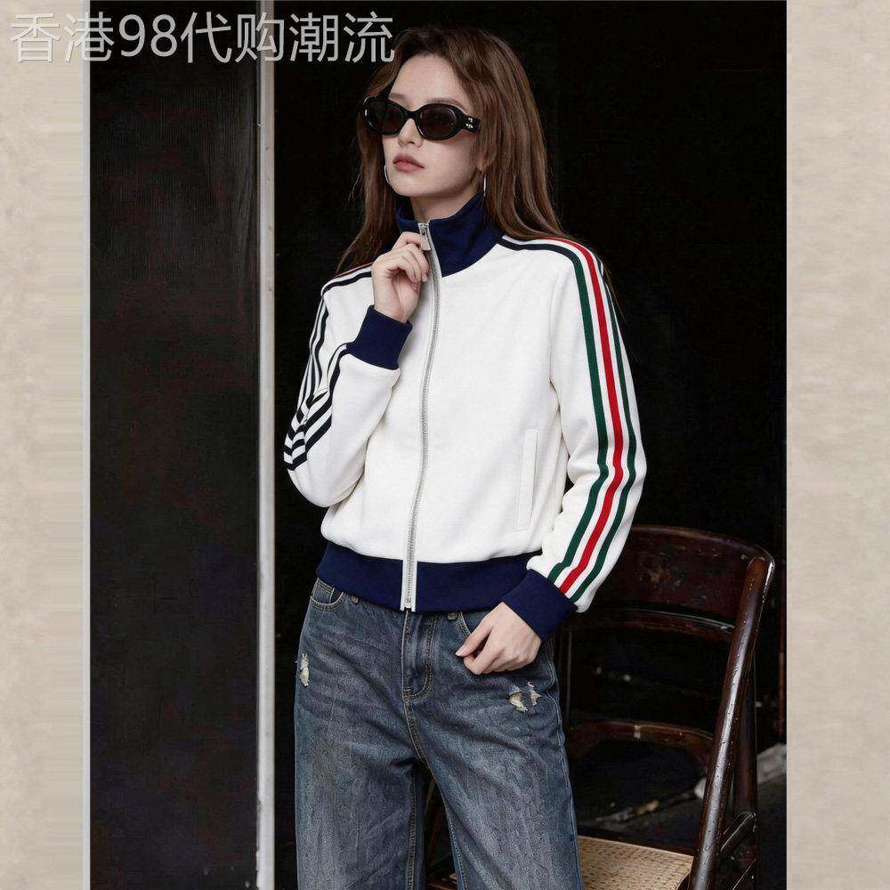 美式潮牌三条杠棒球夹克女秋季白色立领长袖卫衣外套休闲开衫上衣