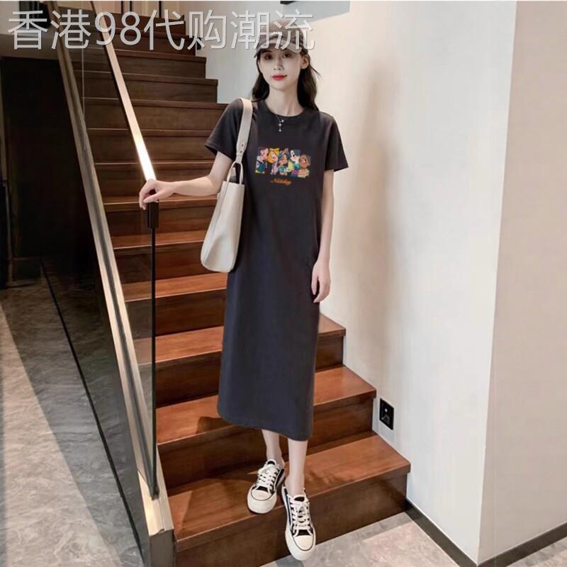 复古印花短袖连衣裙女夏季2026新款韩版洋气宽松显瘦直筒t恤长裙