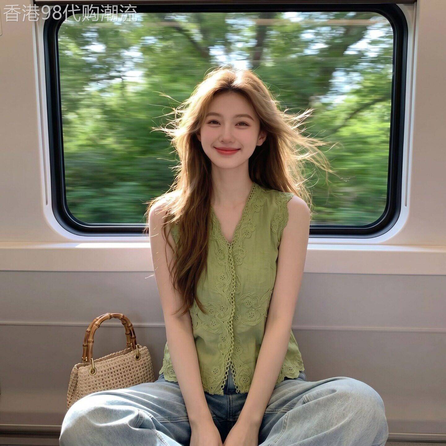 轻熟法式风V领无袖绿色上衣女夏2026新款收腰显瘦百搭蕾丝边上衣