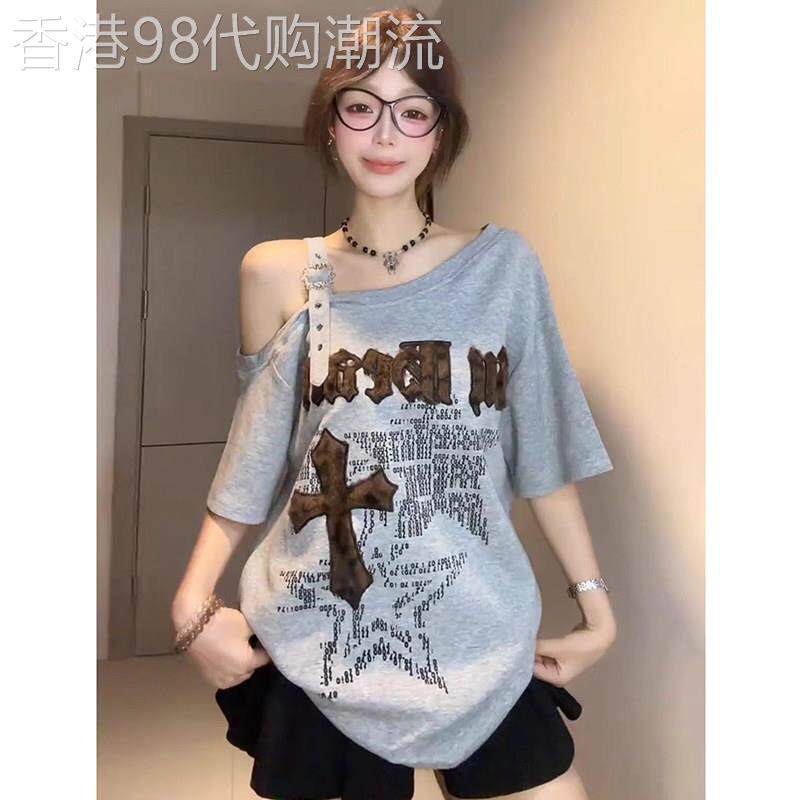斜肩短袖t恤女夏季新款美式甜辣风街头潮流设计感宽松露肩上衣潮
