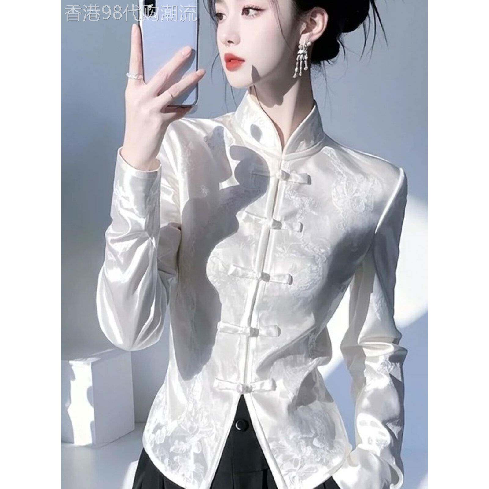 国风白色缎面提花立领长袖衬衫女春秋新款独特别致盘扣新中式上衣