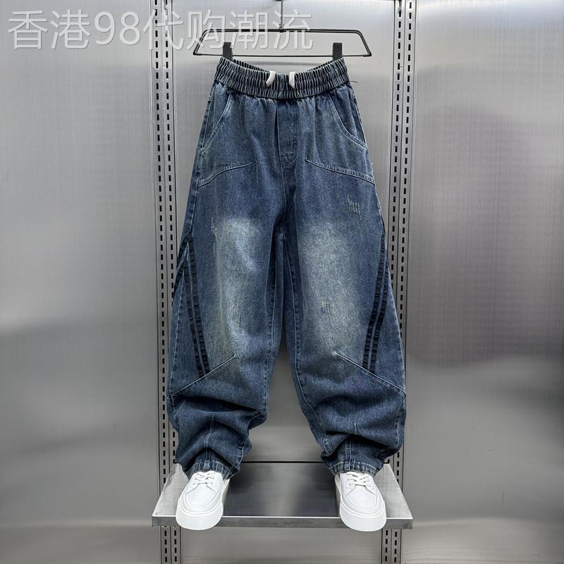 阔腿牛仔裤男士春秋季潮牌痞帅条纹拼接休闲长裤子宽松大码老爹裤