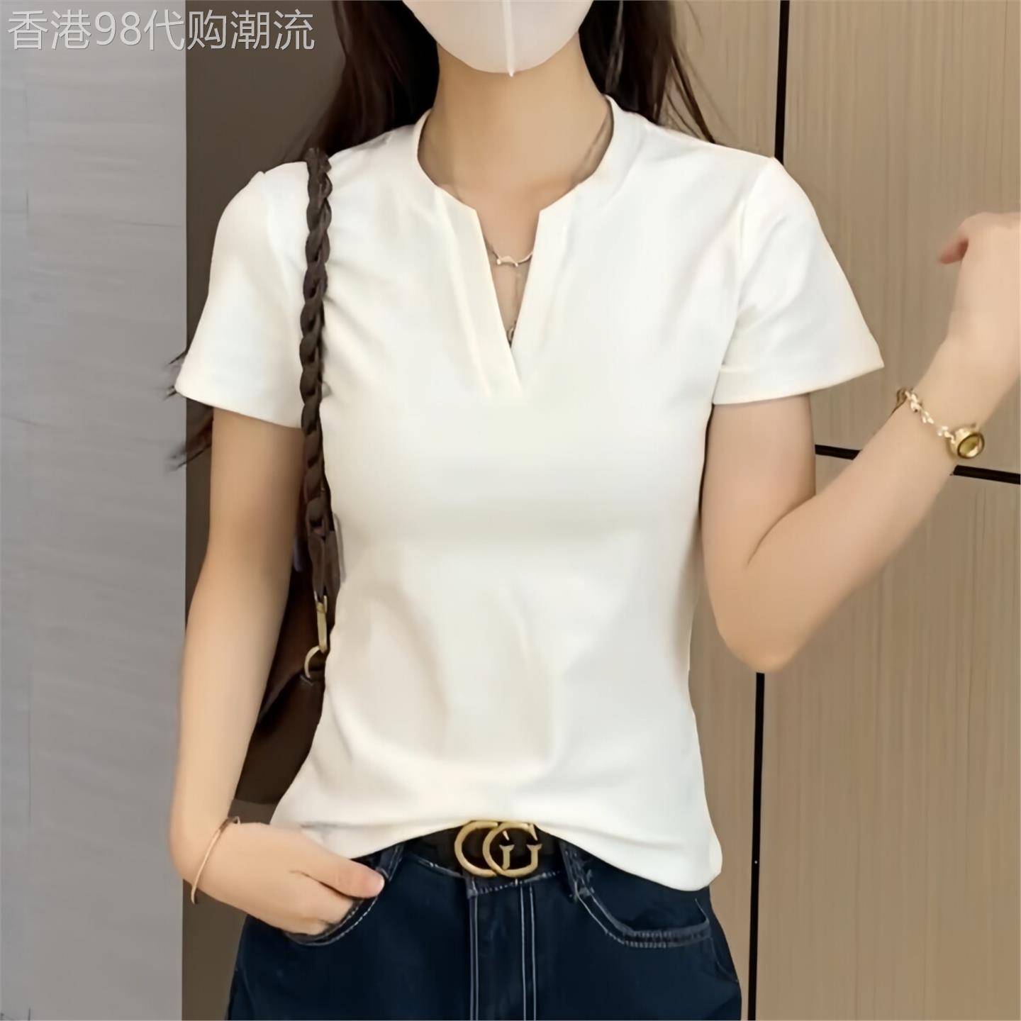 白色纯棉V领短袖t恤女夏季爆款修身百搭设计感体恤衫正肩显瘦上衣
