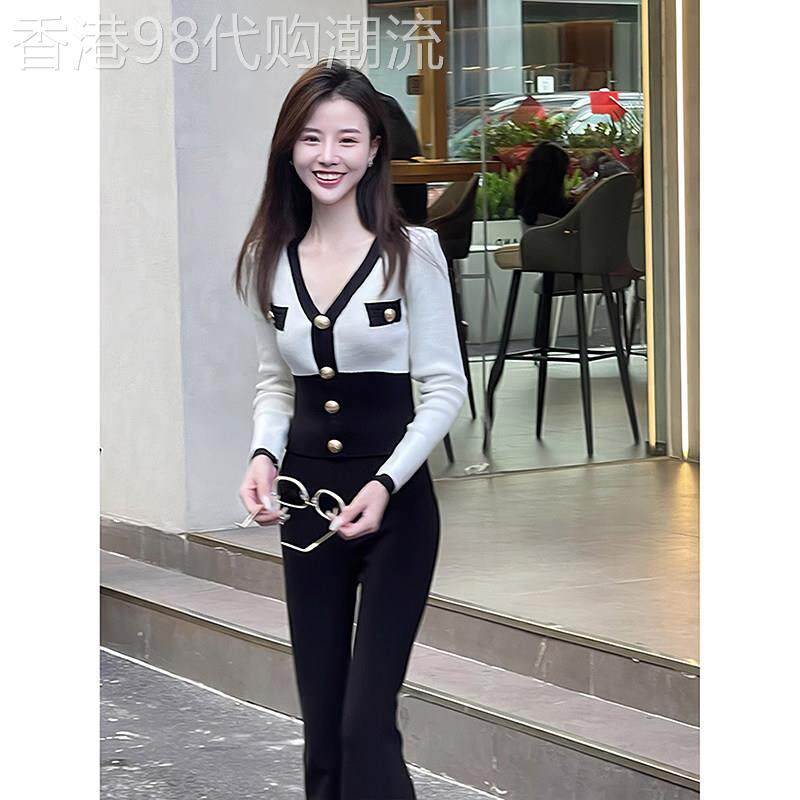 小香风毛衣套装女装秋冬新款撞色巨好看的针织开衫上衣裤子两件套