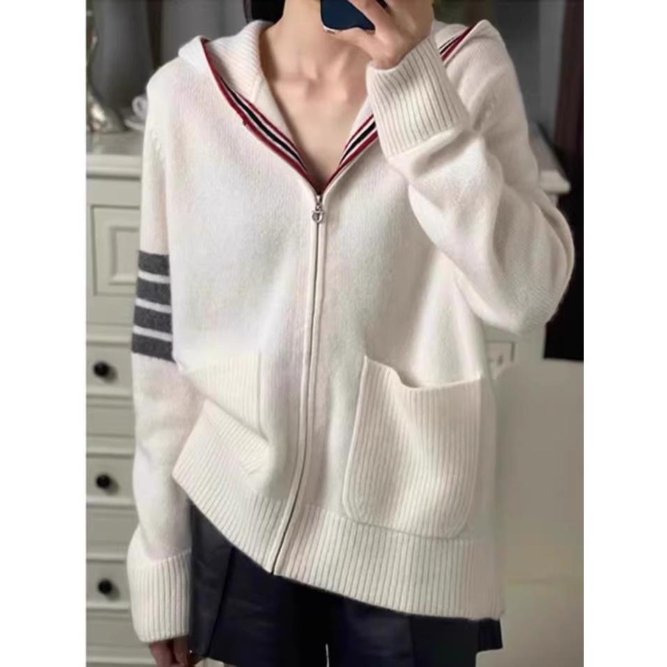 明星TB羊绒开衫女2025秋冬宽松连帽卫衣羊毛休闲毛衣针织拉炼外套