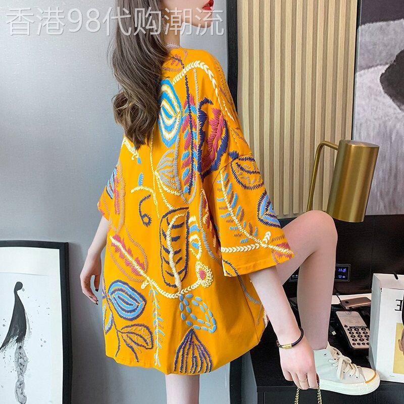 短袖t恤女夏装2026年新款韩版宽松洋派百搭中长版绣花上衣女ins潮