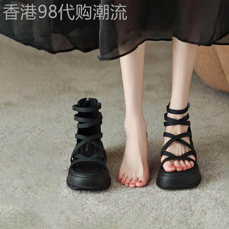 法国Uamtor凉鞋女2026夏季新时尚交叉绑带小众设计厚底罗马鞋