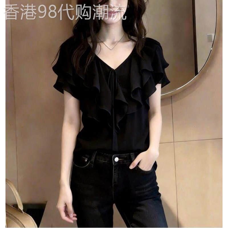 法式设计感V领荷叶边短袖女夏季优雅时髦感黑色通勤气质小众上衣