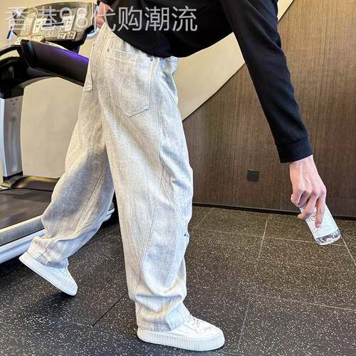 阔腿牛仔裤男士春夏季潮牌痞帅高级宽松休闲裤褶皱设计感弯刀裤子