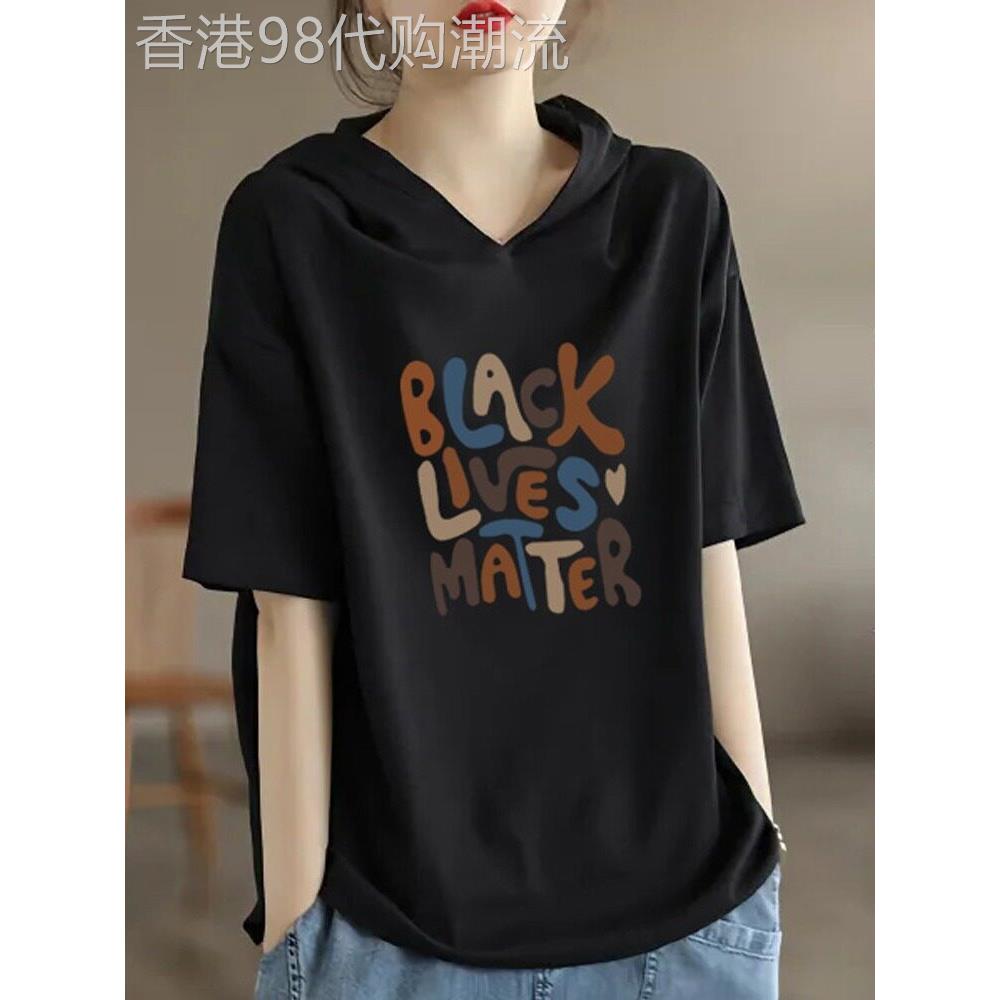 黑色连帽短袖t恤女夏季新款文艺复古带帽上衣字母印花半袖体恤衫