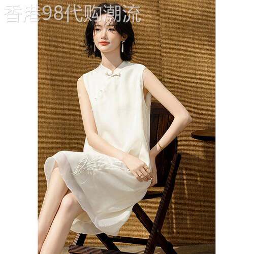 德玛纳国风新中式绣花洋装女26夏季新款盘扣无袖轻薄显瘦A字裙
