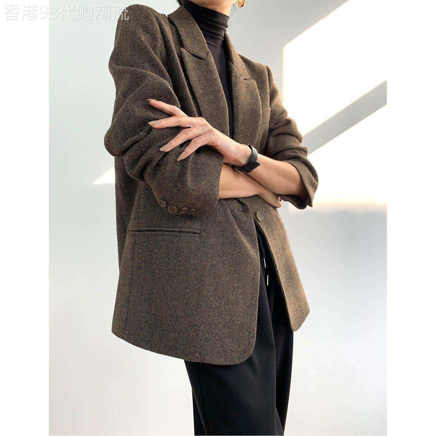 WFYO/2025秋冬新款毛呢子西服上衣英伦风人字纹小个子西装外套女
