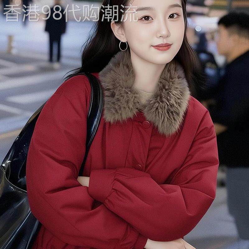 红色仿狐狸毛环保夹克外套女26春小个子短款皮毛一体派克服厚上衣