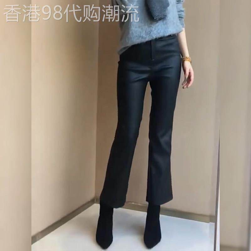 SPYB黑色微喇皮裤女2025年春秋季新款梨形身材小个子显瘦九分裤子