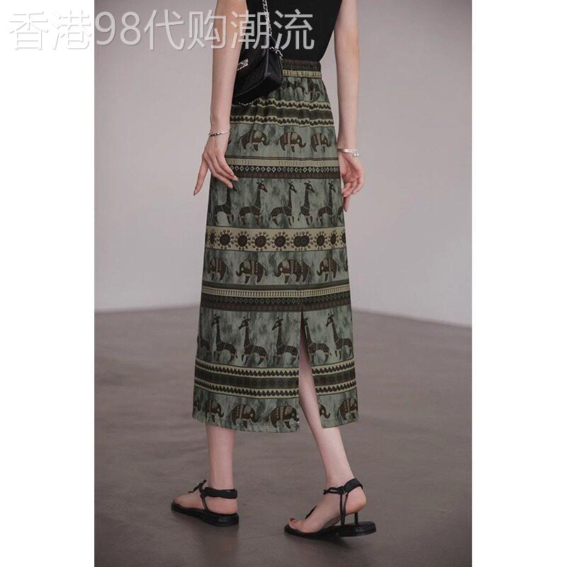 a字半身裙女夏2026新款薄款小个子高腰缎面复古印花包臀直筒裙子