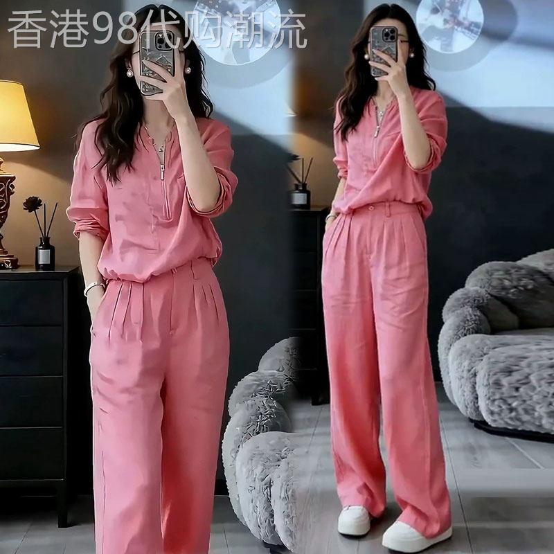 香港代购粉色时尚休闲套装女夏新款防晒衬衫慵懒风阔腿裤两件套潮